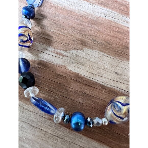 Handcrafted Glass Bead Necklace With Blue & Gold Swirl Accents On Adjustable Sil - Picture 7 of 8